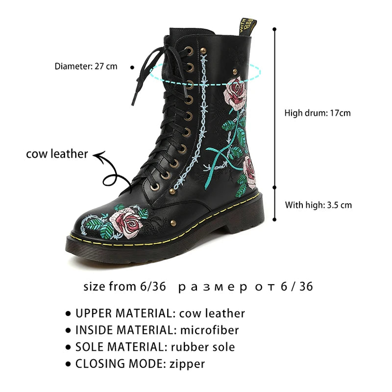 Ods Handmade Embroidery Rose Flower Retro Lace-up Mt Woman Genuine Leather Round Toe British Style Ankle Boots Big Size 40414243