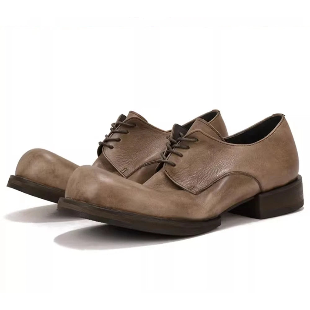 Big Round Toe Casual Shoes Low Cut Breathable Leather Shoes for Men Wear-Resistant Breathable Solid Color Handmade Men's Shoes