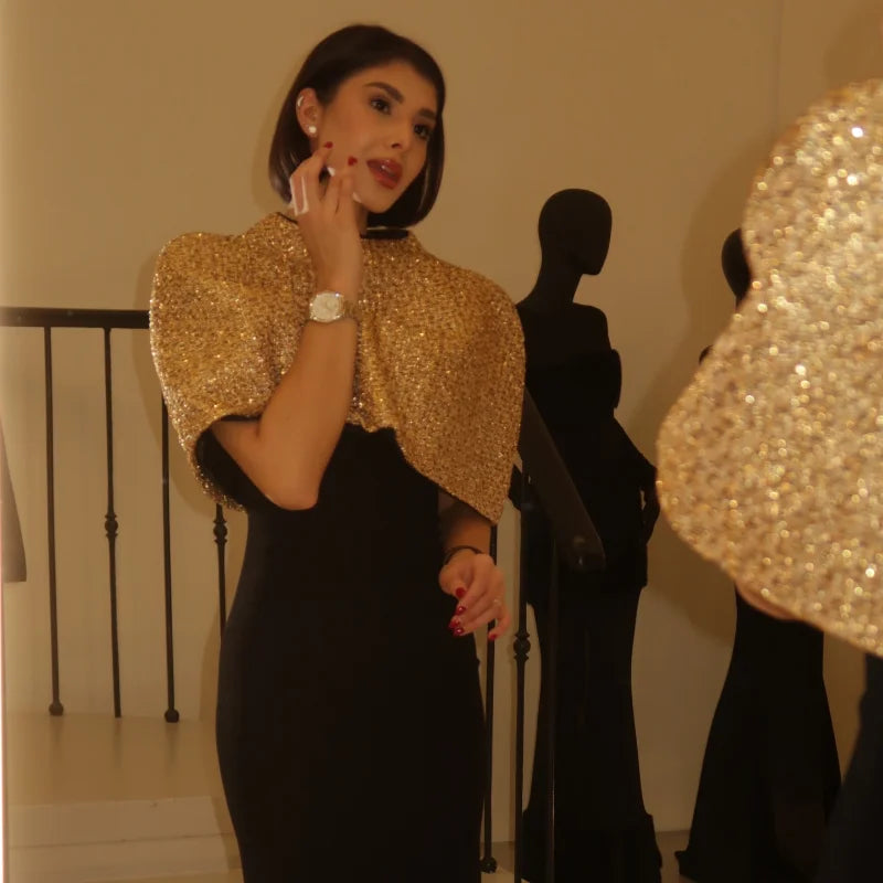 Elegant Chic Gold Sparkle Capelet Top Shiny Tweed Shoulder Wrap Turtleneck Short Cloak New Lady Evening Club Party Tops 2026