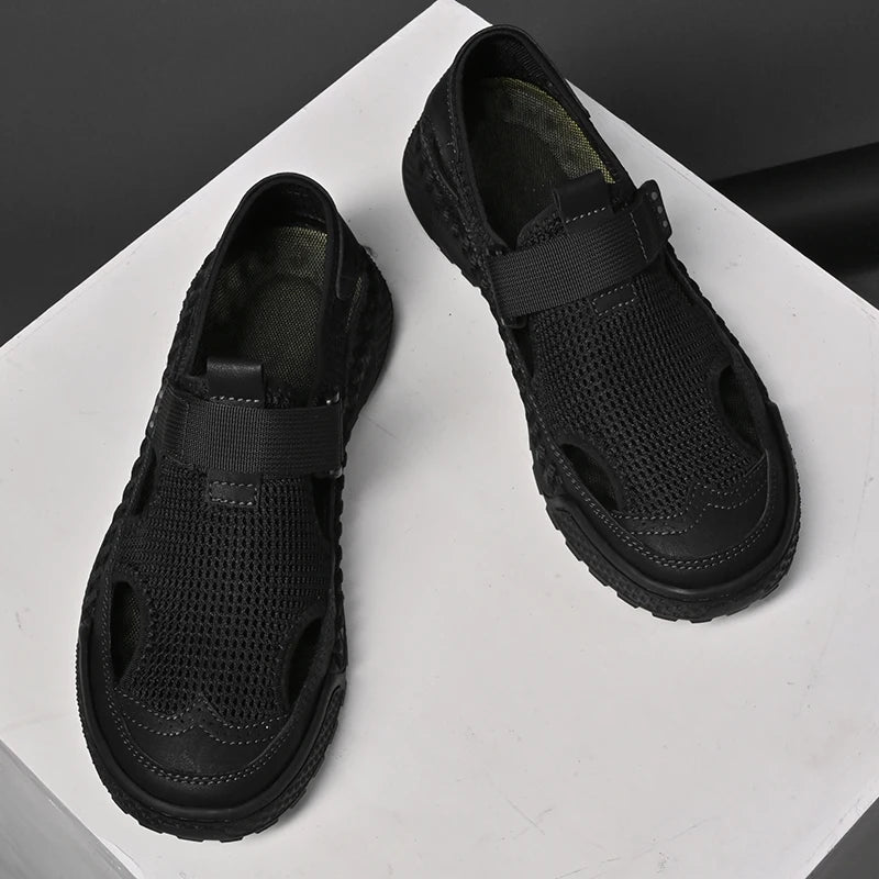 Brand Mesh Leather Men Summer Loafers Breathable Driving Shoes Moccasins Hollow Out Male Cool Lazy Shoe Leisure Walk Men Sandals