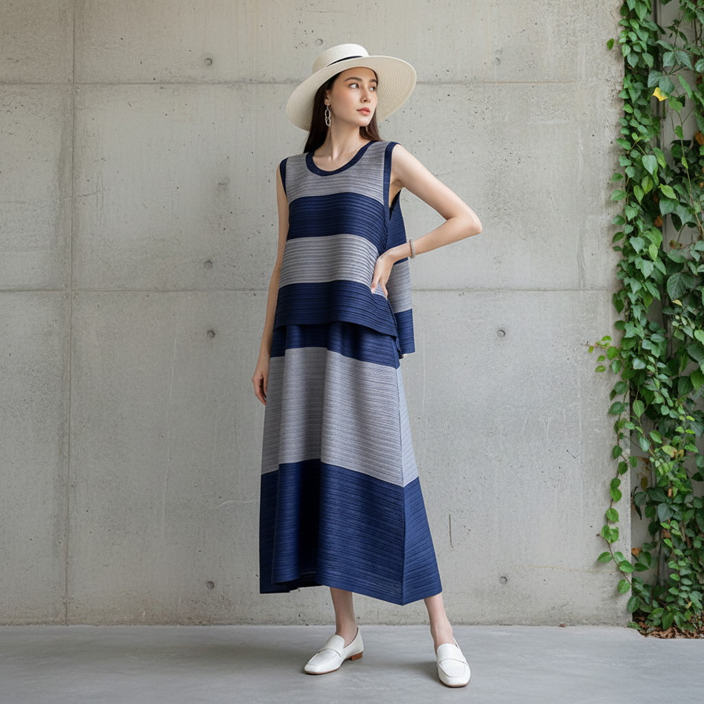 Miyake Pleated New Sleeveless Vest Tops Loose Button Skirts Large Size Two Piece Sets Women's Summer Fashion Designer Clothes