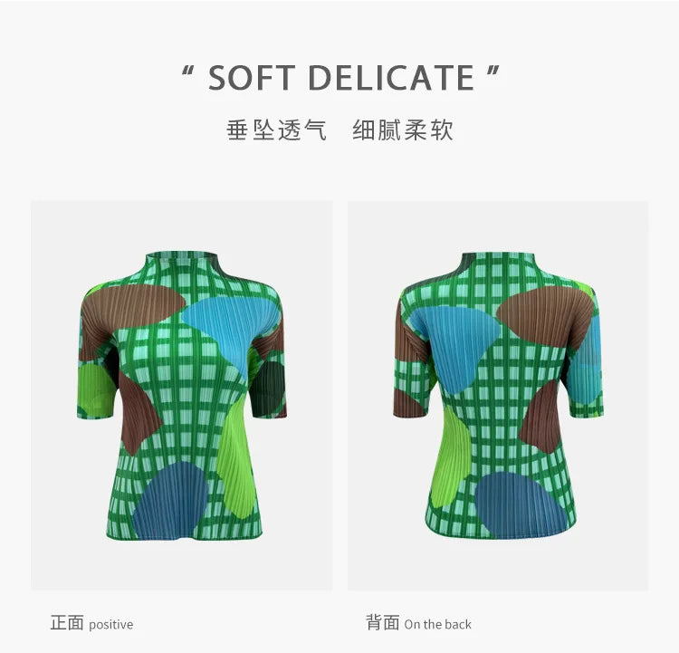 Miyake Elegant Green Plaid Color Block Print Pleated Top Mock Neck Half Sleeve Elastic Tee Daily Commute Office