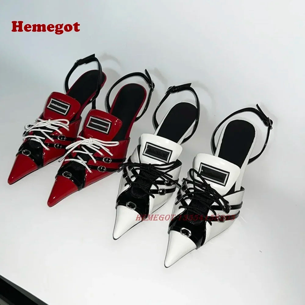 Red White Lace-Up Slingback Pumps Pointed Toe Thin Heel Buckle Women's Sandals 2024 Patchwork Mixed Color Party Shoes Luxury