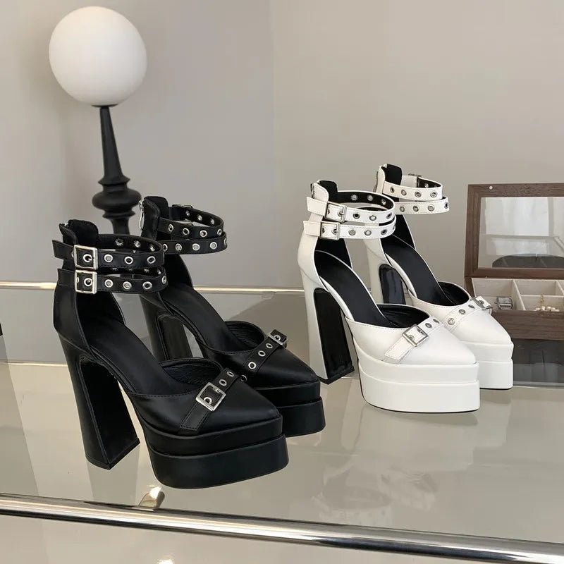 Runway style 15cm Ultra High heels Platform Wedges Women Pumps Fashion Rivet Ankle Strap Thick Heeled Spring Summer Chunky Shoes