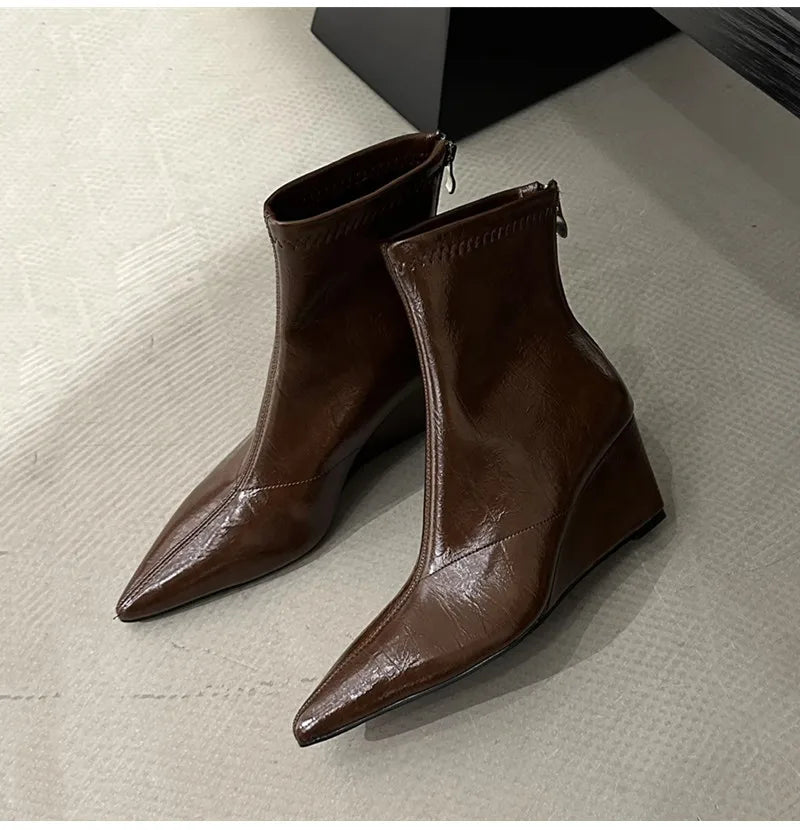 Autumn Winter Vintage Patent Leather Wedges Women Ankle Boots Fashion Pointed toe High heels Female Chelsea Short Boots Shoes