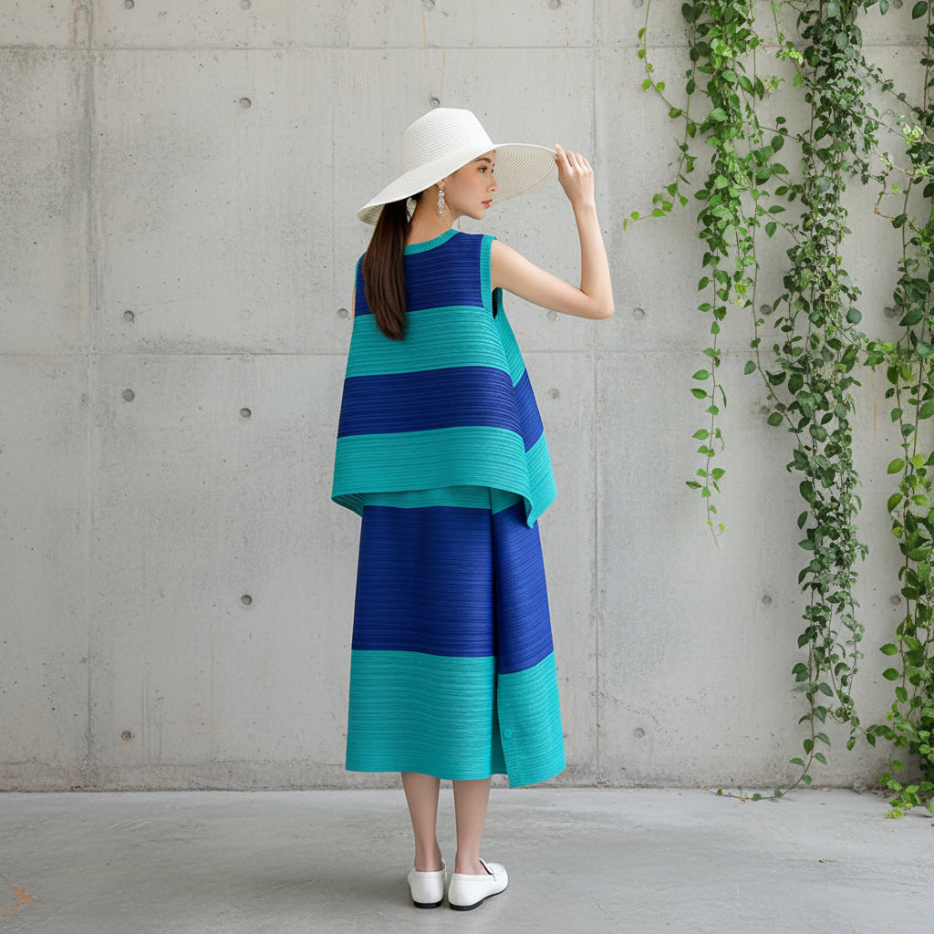 Miyake Pleated New Sleeveless Vest Tops Loose Button Skirts Large Size Two Piece Sets Women's Summer Fashion Designer Clothes