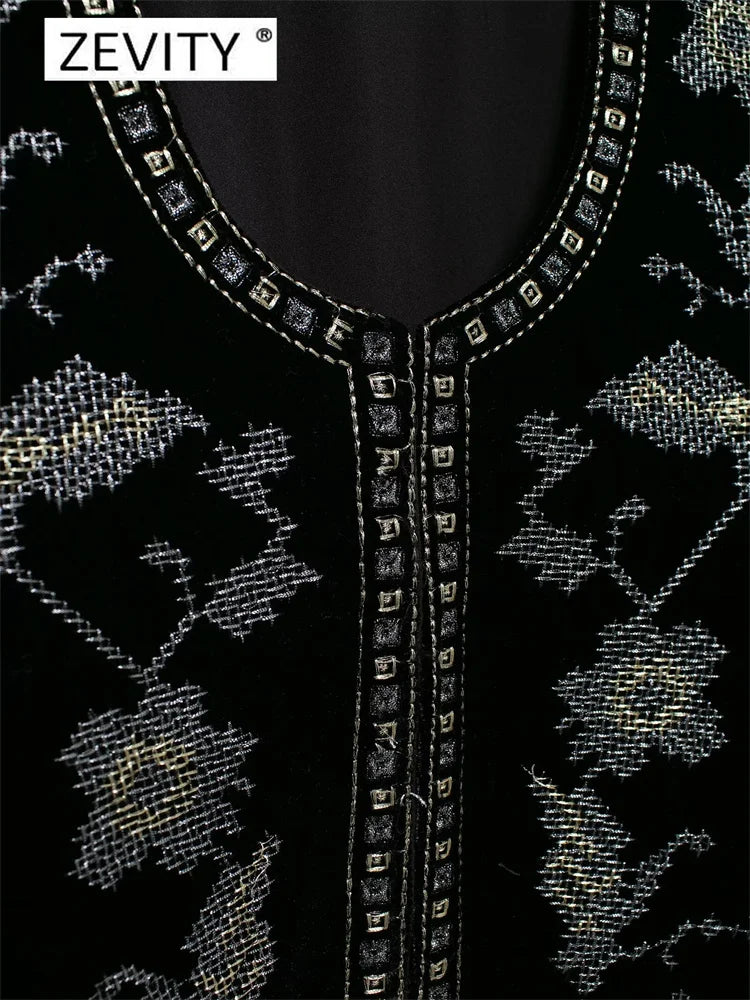Elegant, Korean Zevity New Women Vintage O Neck Geometric Floral Embroidery Short Velvet Coat Office Lady Long Sleeve Outwear Jacket Tops CT7352