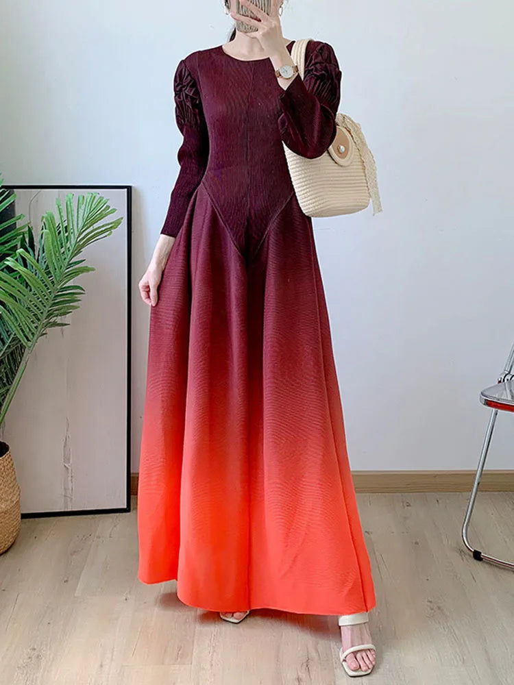 Miyake Pleated Fashion Dress O-Neck Long Sleeve Spliced Ruffles New 2023 Summer Evening Party Clothing Lady Middle East HotSales