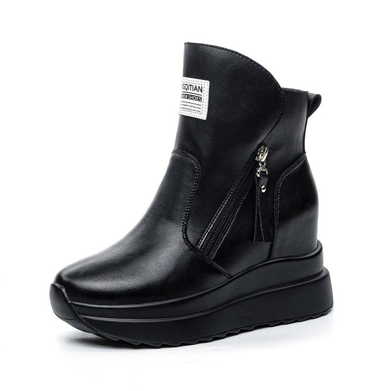 9cm White Black Women Ankle Boots Platform Wedge Heel Booties Shoes Microfiber Leather Spring Winter Fashion Sneakers High Top
