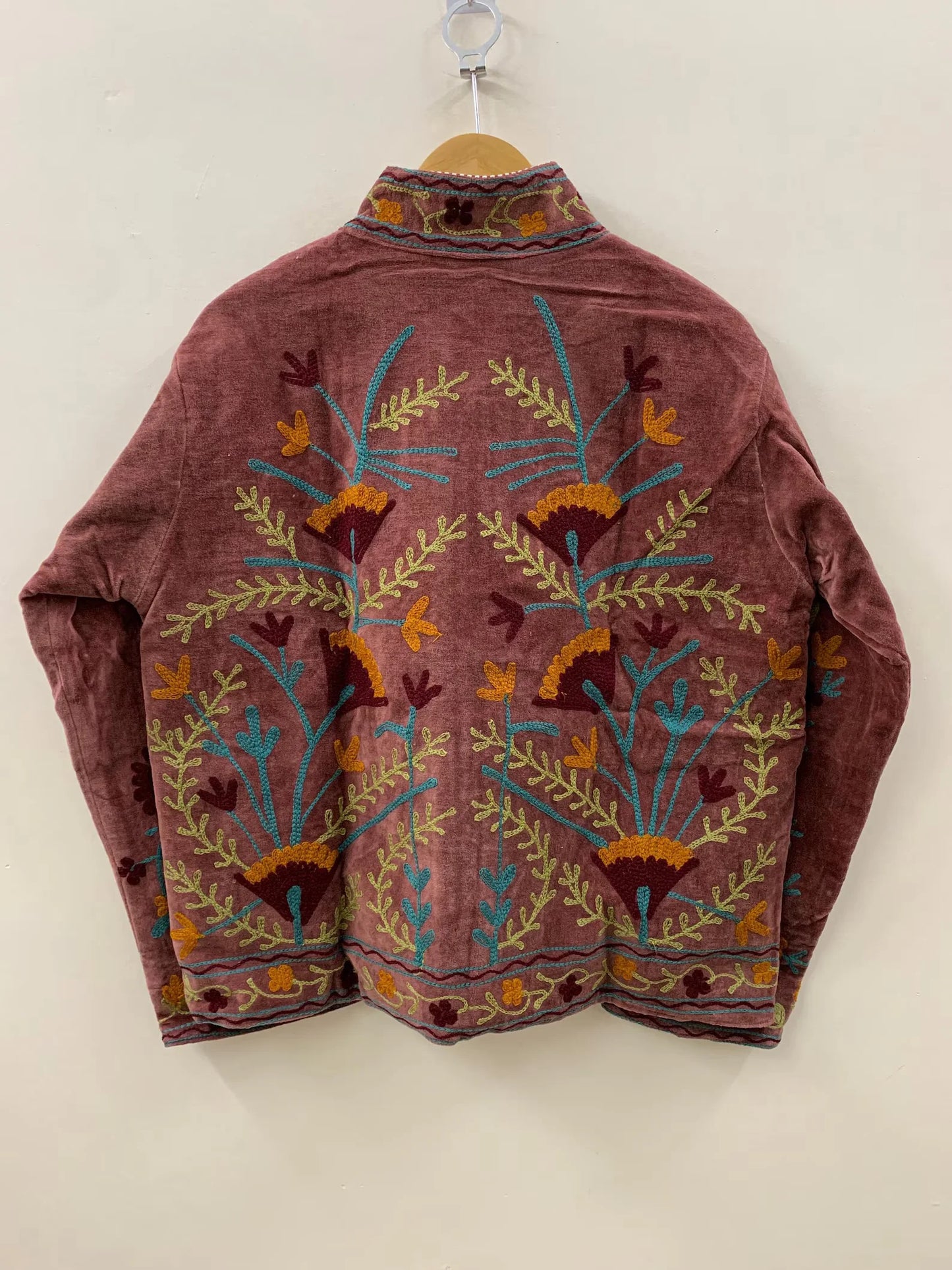 Handmade Bohemian Winter Coat Floral Suzani Embroidered Velvet Jacket Windproof Knitted Duster Cotton Floral Suzani Embroidered