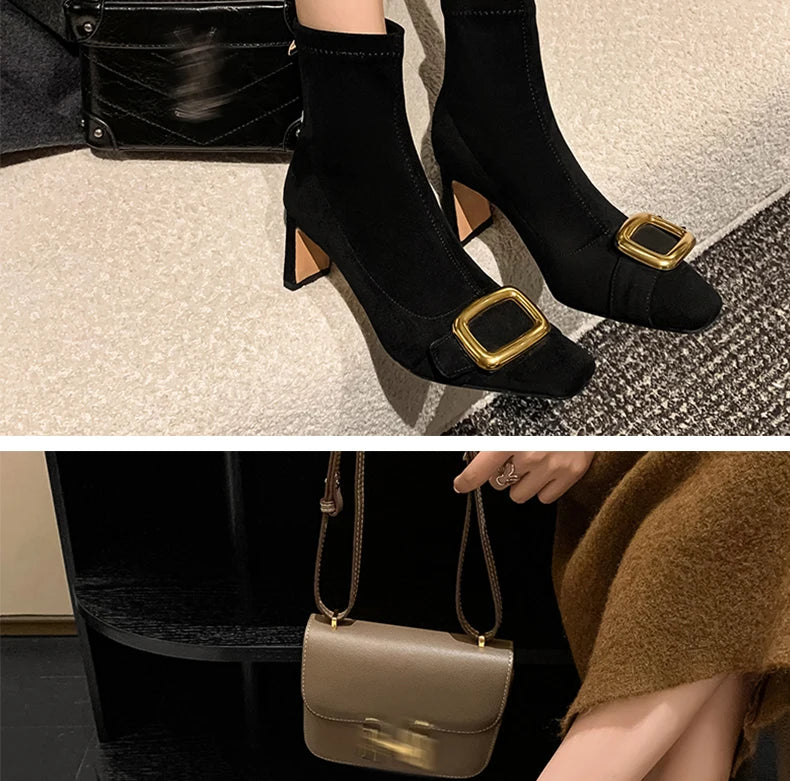 Ods Personalized Low-heeled Fashion Boots for Fall/winter New Pointed Metal Square Buckle Back Zipper Stretch Thin Ankle Boots42
