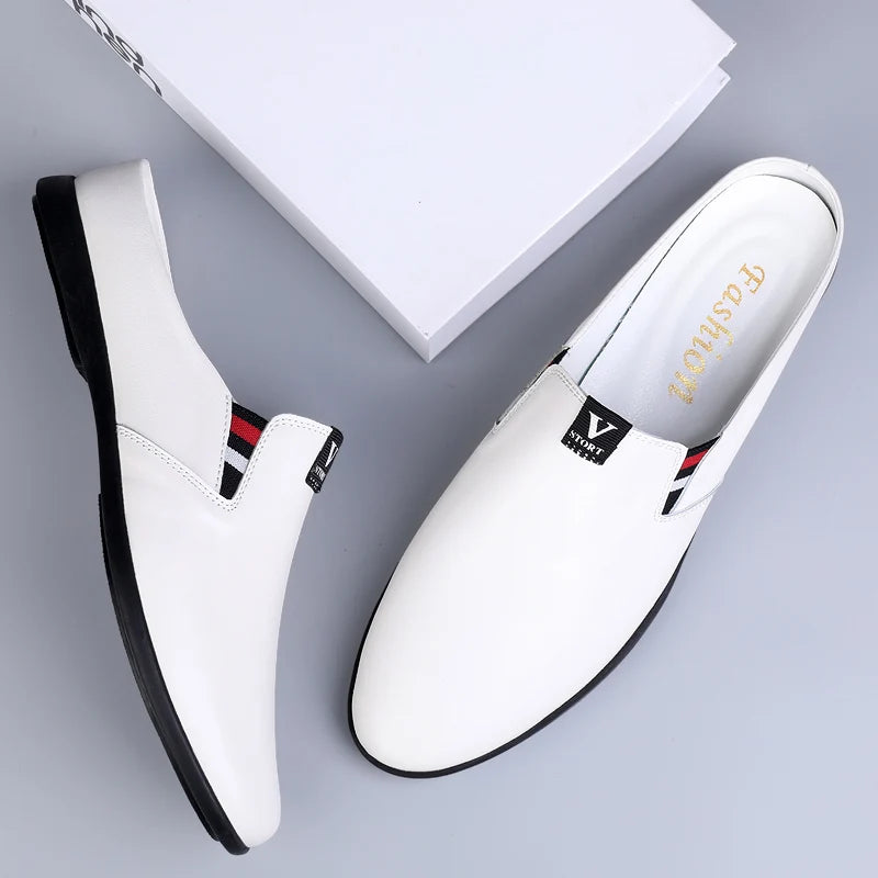 Men's Leather Black Half Leather Shoes Fashion Non-slip Half Trailer Men Sandals Moccasin Breathable Soft Flats Men Driving Shoe