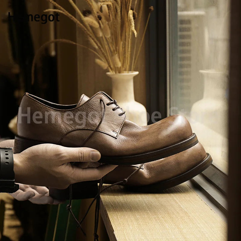 Big Round Toe Casual Shoes Low Cut Breathable Leather Shoes for Men Wear-Resistant Breathable Solid Color Handmade Men's Shoes