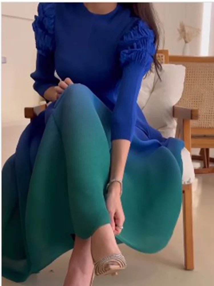 Miyake Pleated Fashion Dress O-Neck Long Sleeve Spliced Ruffles New 2023 Summer Evening Party Clothing Lady Middle East HotSales