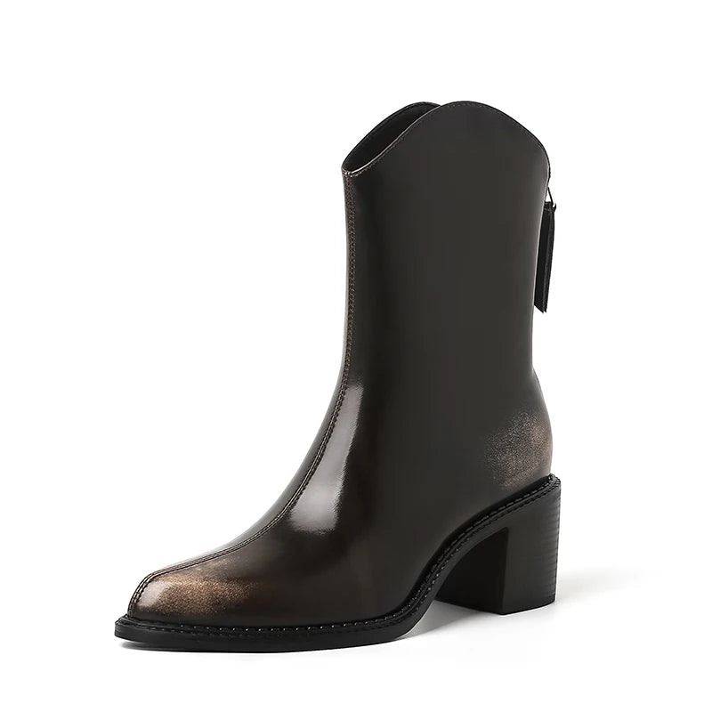 Ods New Women Genuine Leather Pointed Toe Knee High Boots Black White Brown Side Zipper Female Shoes Thick Heel Plus Size 42