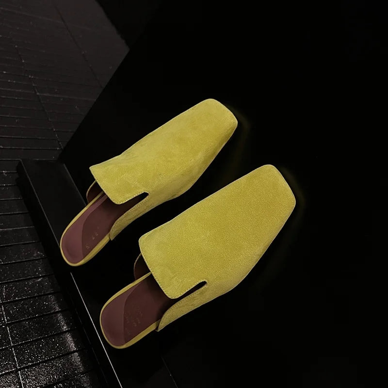New Genuine Leather Kid Suede Flat Shoes Slippers Women Covered Toe Natural Leather Casual Slippers Female Daily Walk Slippers