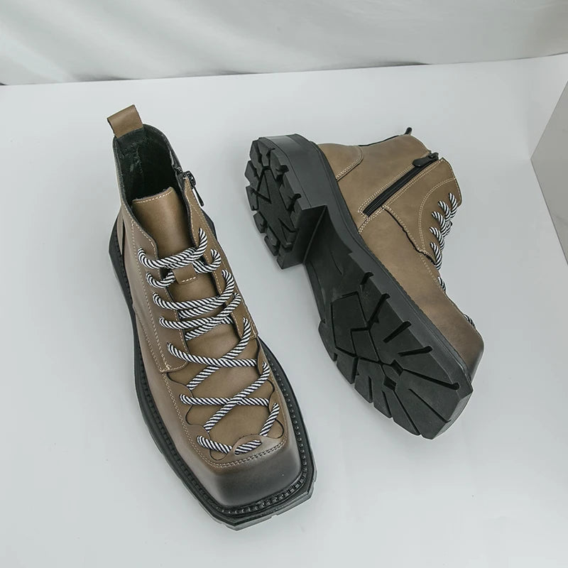 Autumn New Men Comfortable Lace Up Side Zipper High Top Leather Shoes Fashion Brand Round Toe Thick Soled Non Slip Outdoor Boots