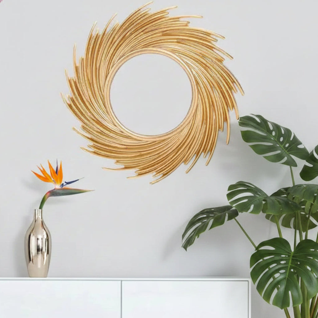 Sun Shape Decorative Mirror Room Background Wall Decorative Mirror Rattan Innovative Art Decoration Round Makeup Mirror