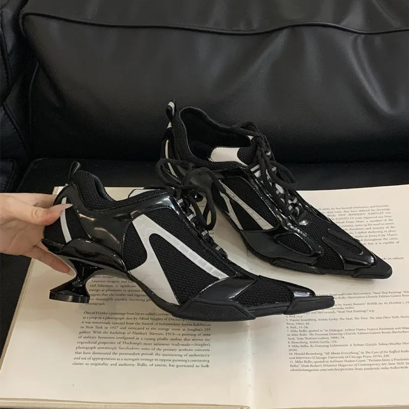 Sport Style Fashion Mixed-color Pointed toe Women Pumps Spring Autumn Breathable Mesh Strange High heels Casual Sneakers Shoes