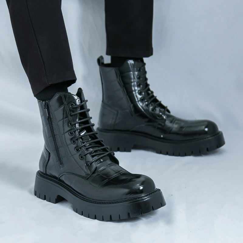 Luxury Brand Men's Autumn and Winter Crocodile Leather Side Zipper High Top Boots Fashionable New Men's Comfortable Short Boots