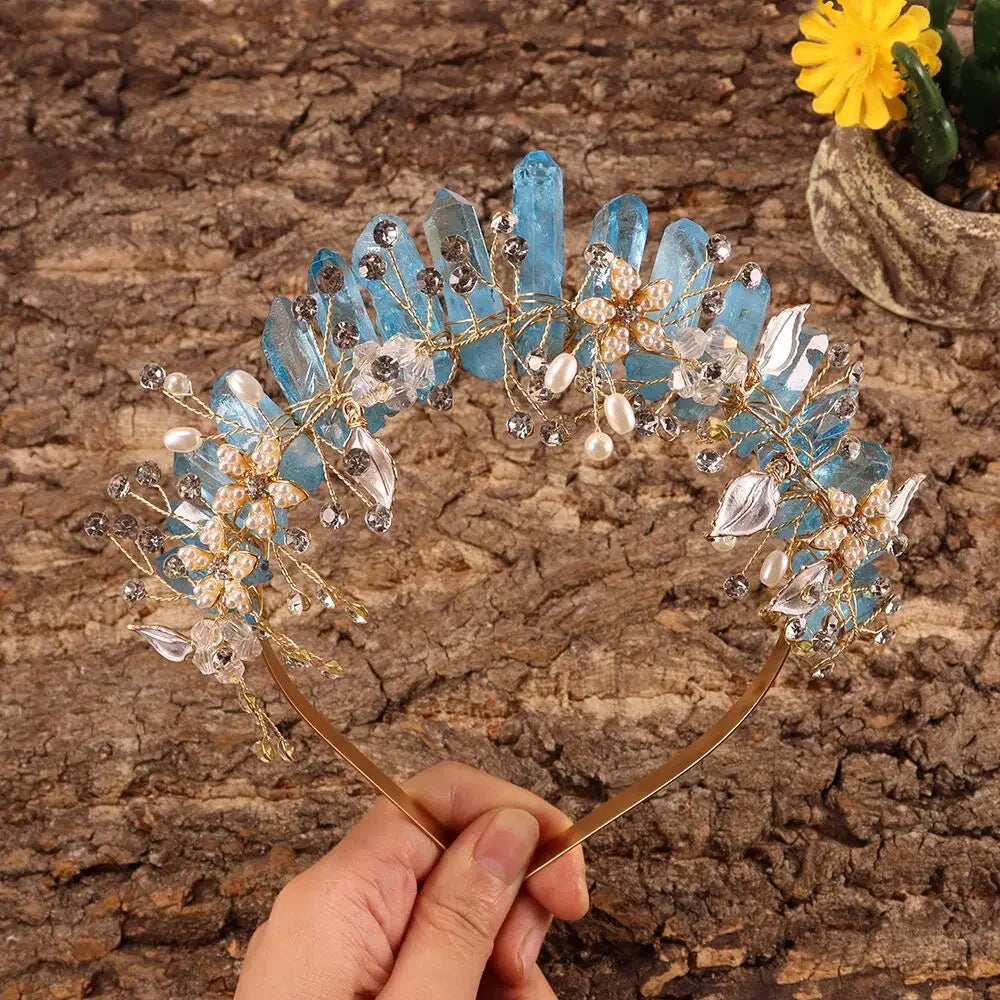 Natural Amethyst Quartz Crown Raw Stone Wand Hairpin with Flower Rhinestone Hand Crafted Women Hair Band for Party Birthday Gift