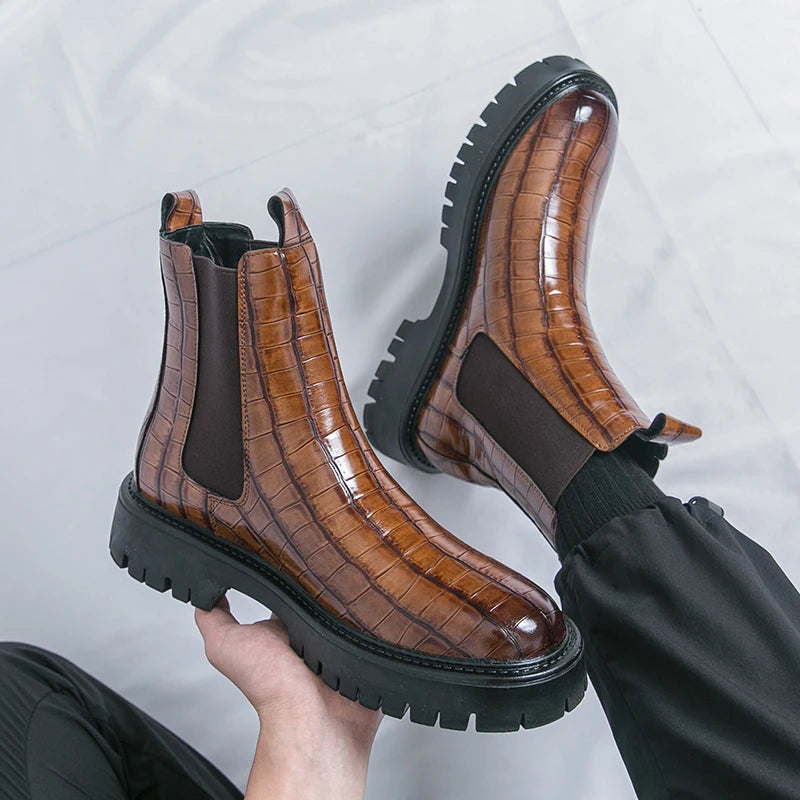 2025 Fashion Brand Men's Comfortable Fit Thick Soled Chimney Boots Autumn New High Top Chelsea Boots Plus Large Workwear Boots