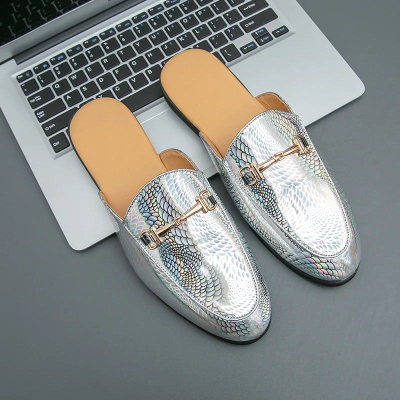 Fashion Brand Men's Cool Snake Skin Pattern Comfortable Half Back Leather Shoe Summer Men Breathable Bottom Casual Leather Shoes