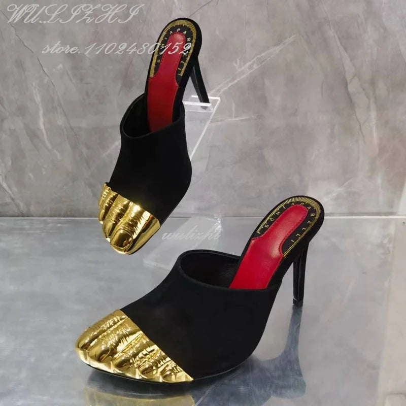 Black Strappy Gold Round Toe Five-Finger Sandals Girl Stiletto Ankle Straps Summer Suede Hollow Heels Catwalk Street Style Shoes
