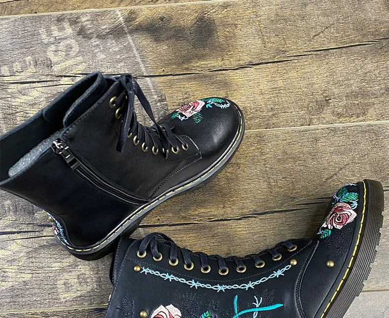 Ods Handmade Embroidery Rose Flower Retro Lace-up Mt Woman Genuine Leather Round Toe British Style Ankle Boots Big Size 40414243