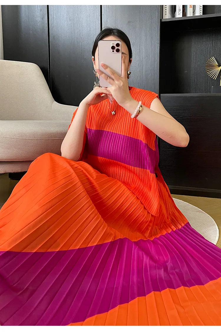 Miyake Pleated Two Piece Skirt Sets Women Sleeveless Irregular T-shirt Long Contrasting Color Skirt