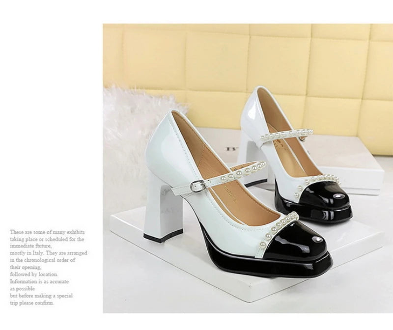 Retro Style Color Block Square Toe Thick Heel High Heels Women's Waterproof Platform Pearl Mary Jane Shoes Casual Fashion