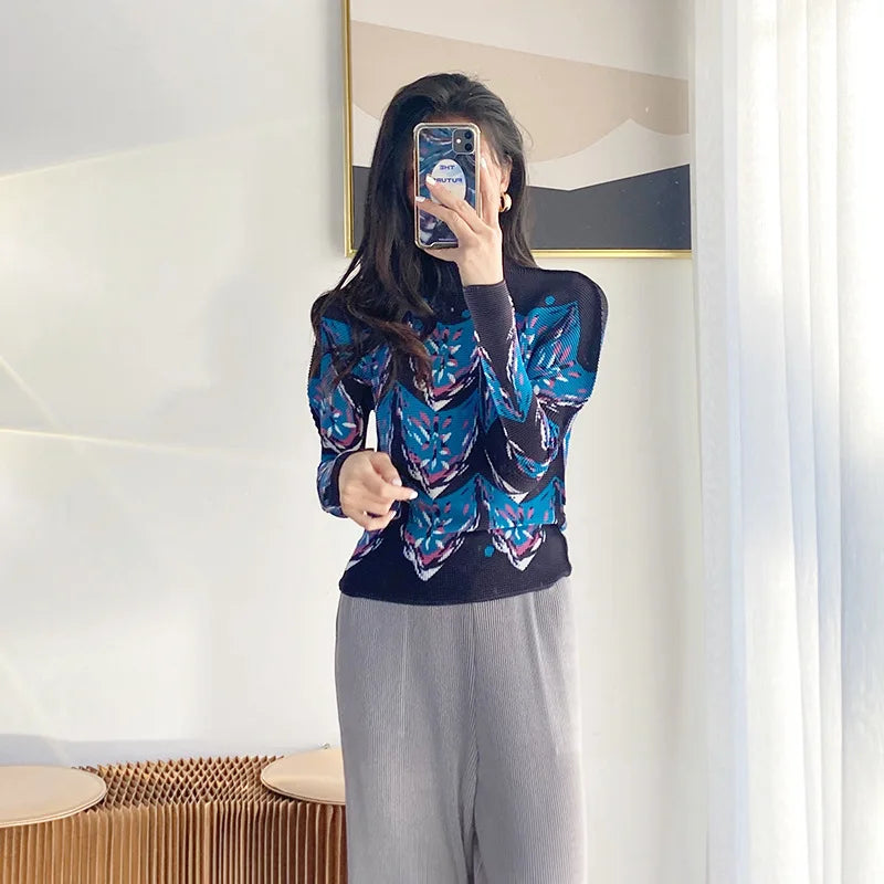 Miyake Pleated Contrasting Colors T-shirt Women Half Turtleneck Skinny Pullover 2025 Summer Fashion Female Clothing