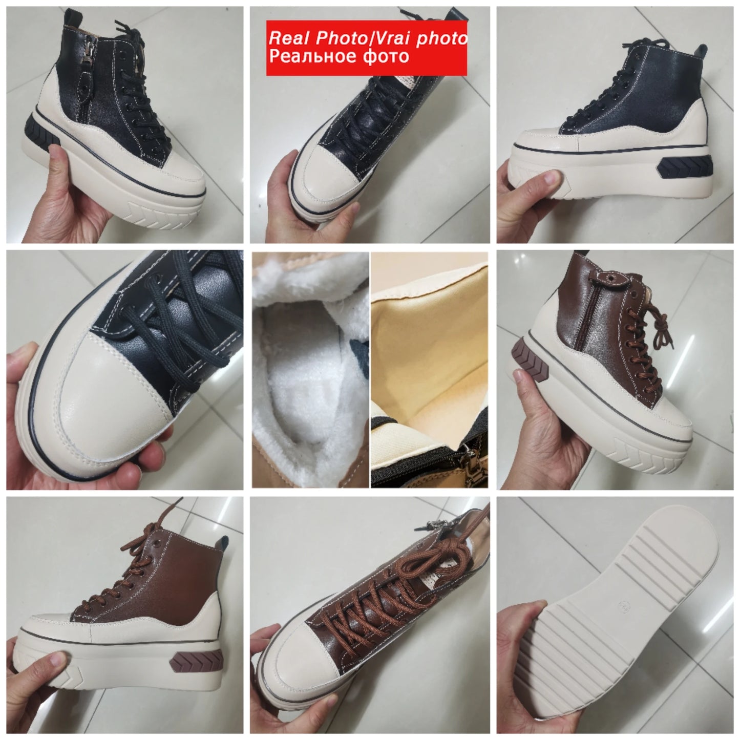 High Top Women Shoes Genuine Leather 8cm Platform Boots Ankle Wedge Hidden Heel Zip Autumn Warm Fur Winter Shoes Sneakers