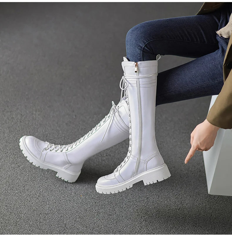 Ods Genuine Leather Women's High Knee Boots Winter Shoes Sexy Lace Up Black White Low Heels Party Shoes Girls Large Size 414243
