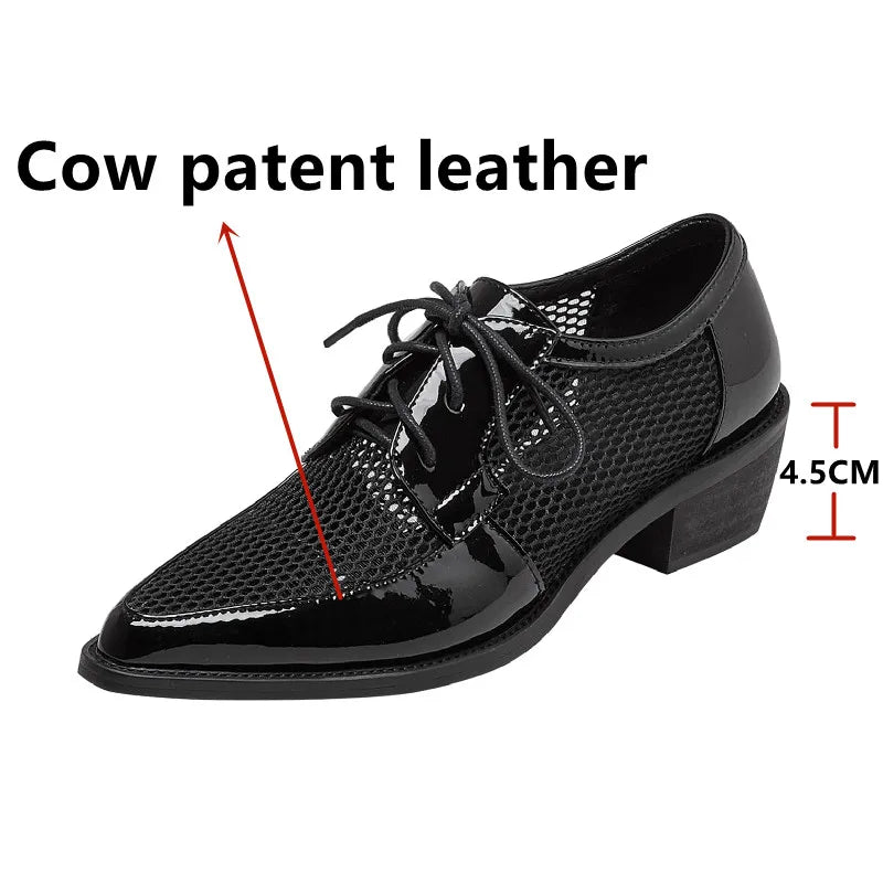 Spring Summer Genuine Leather Mesh Pumps Women Pointed Toe Lace Up Med Thick Heels Breathable Office Ladies Shoes 2025