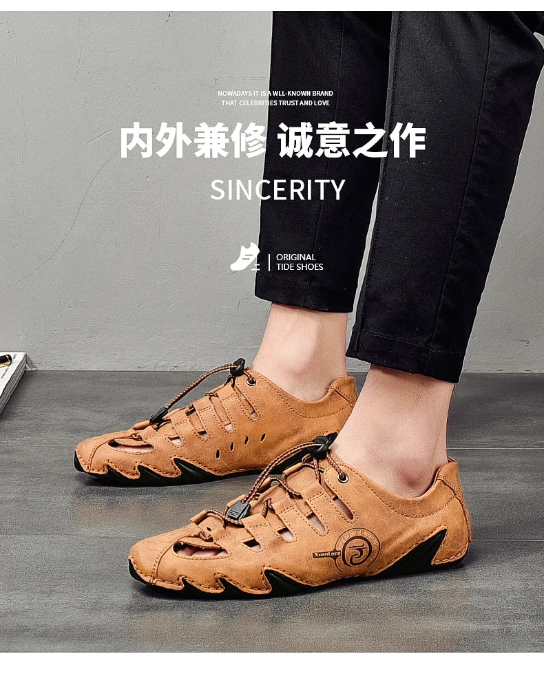 Men's slippers flat bottomed beach breathable genuine leather business casual non slip lightweight hollow out outdoors sandals