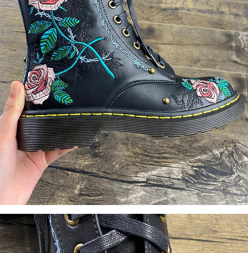 Ods Handmade Embroidery Rose Flower Retro Lace-up Mt Woman Genuine Leather Round Toe British Style Ankle Boots Big Size 40414243