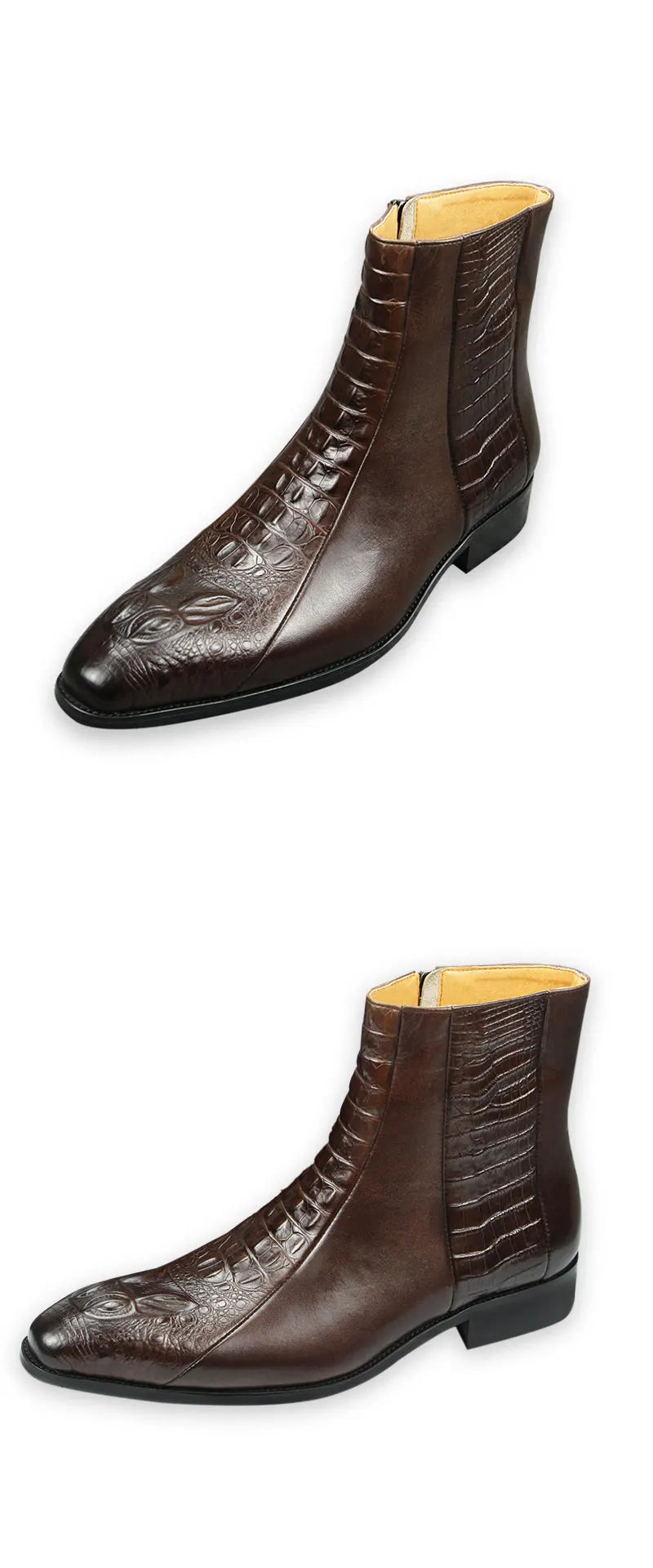 Genuine Leather Mens Boots Autumn Winter Vintage English Style Pointed Toe Work Boots Exquisite Crocodile Engraved Zipper Shoes