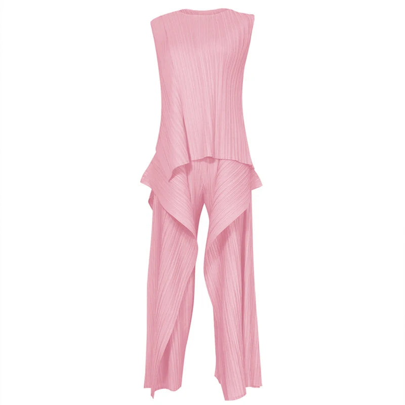 Miyake Irregular Designer Pleated Two Pieces Set Women Sleeveless Elegant Top Wide Leg Loose Trousers Summer Lady Clothing