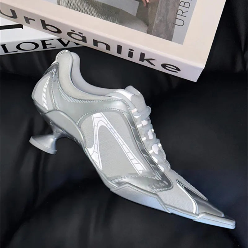 Sport Style Fashion Mixed-color Pointed toe Women Pumps Spring Autumn Breathable Mesh Strange High heels Casual Sneakers Shoes