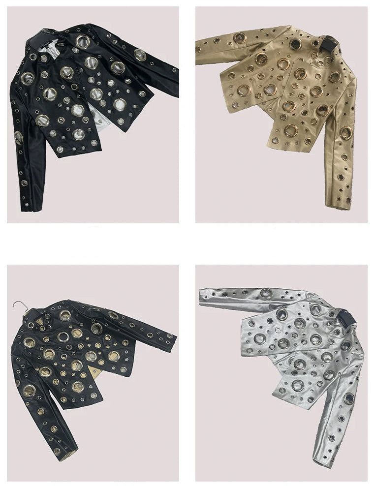 Mauroicardi Spring Short Hollow Out Patchwork Short Pu Leather Jacket Women Cool Luxury Designer European Style Clothes Fashion