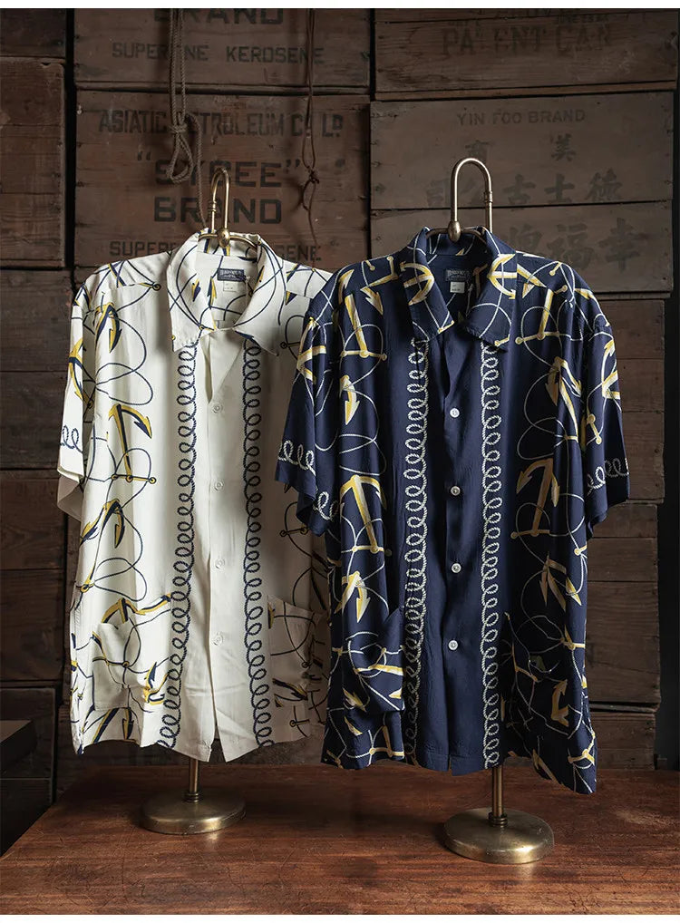 Rugged Bronson Anchor Border Rayon Camp Shirt Old-Fashion Men's Hawaiian Shirt For Beach Vacation
