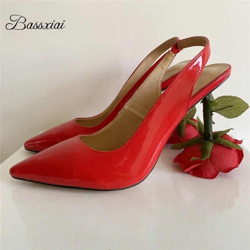 Unique Rose Flower Heel Women Pumps Genuine Leather Slingbacks Sexy Pointed Toe Dress Shoes For Girls