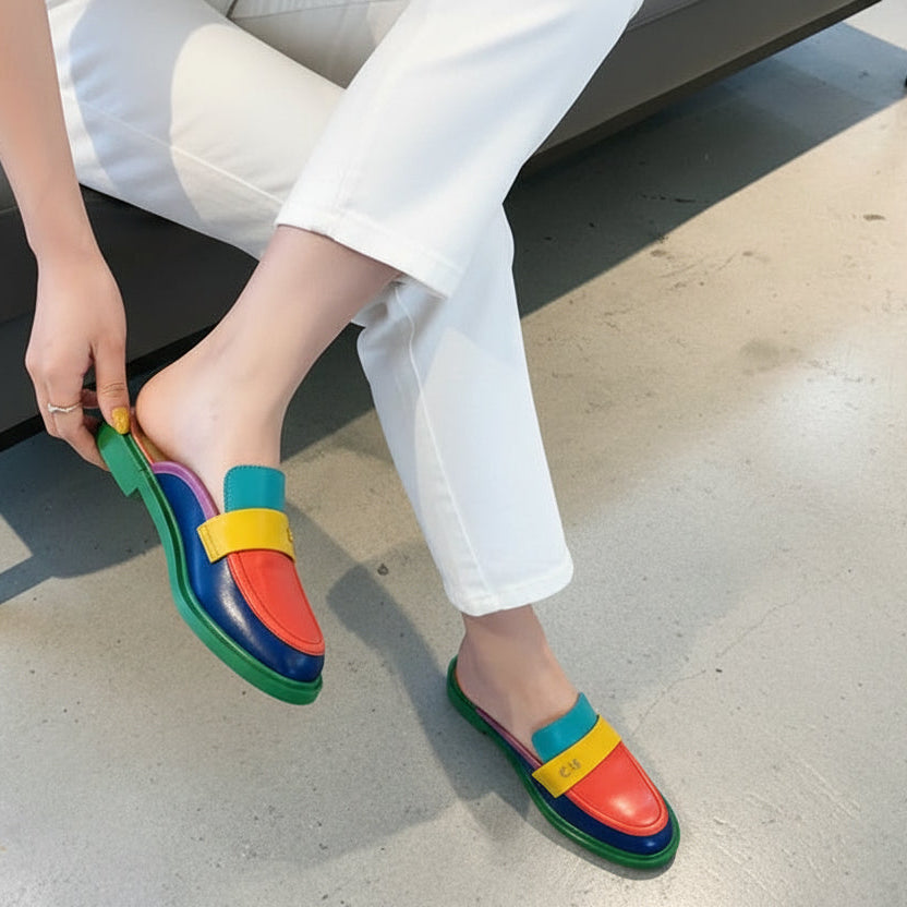 Spring Summer 2026 New Genuine Leather Slippers Women Mixed Color Covered Toe Fashion Mules Ladies Low Heels Slippers