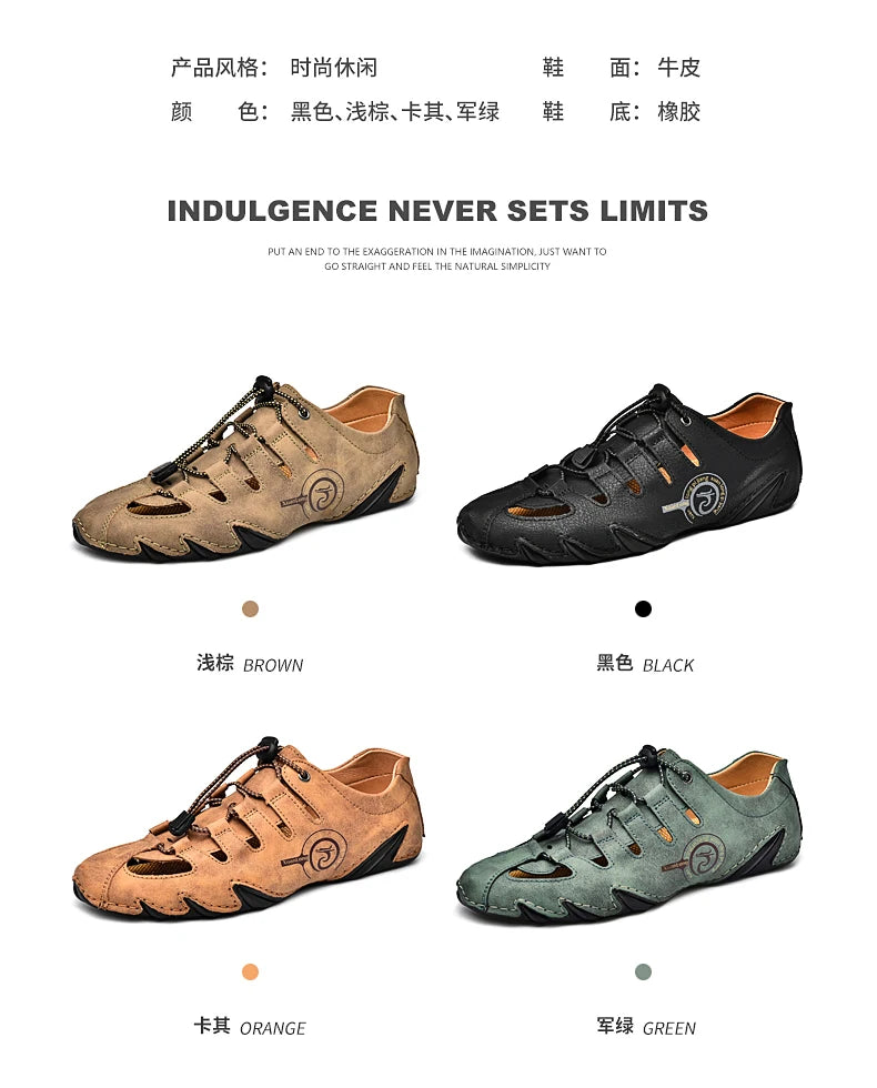 Men's slippers flat bottomed beach breathable genuine leather business casual non slip lightweight hollow out outdoors sandals