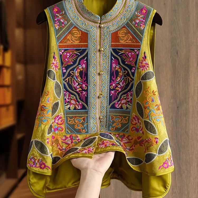 Yellow Heavyweight New Chinese Style Embroidered Women's Vest Fashionable Unique Outerwear Jacket Short Coat from Mainland China