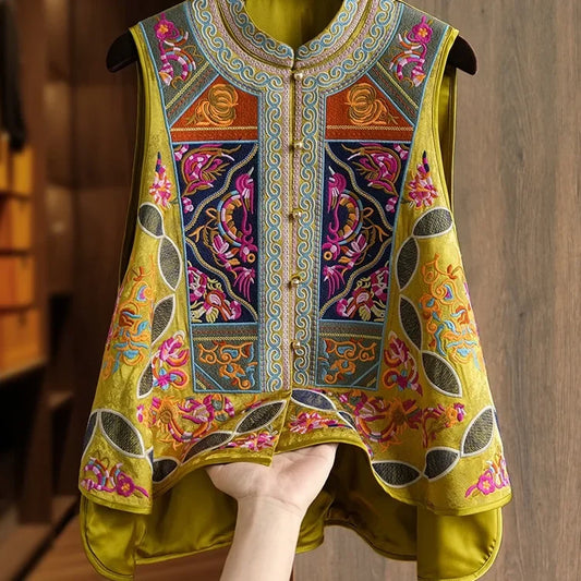 Yellow Heavyweight New Chinese Style Embroidered Women's Vest Fashionable Unique Outerwear Jacket Short Coat from Mainland China