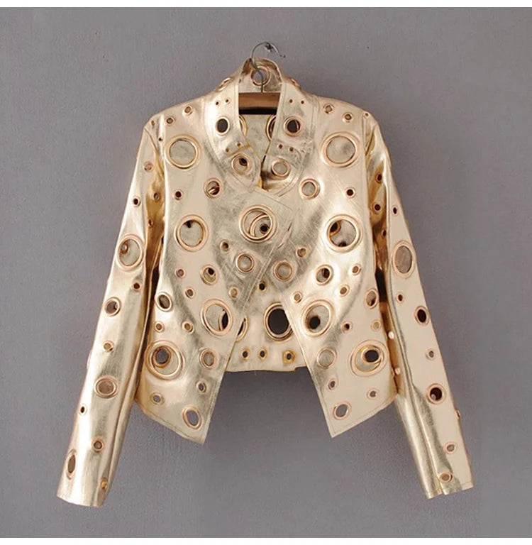 Rocker Runway Cut Out Short Faux Leather Jacket Golden Rivet Cool Stylish Designer Clothes Women European American Fashion 2022