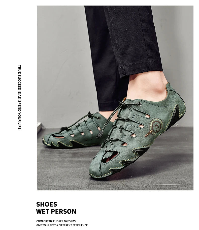 Men's slippers flat bottomed beach breathable genuine leather business casual non slip lightweight hollow out outdoors sandals