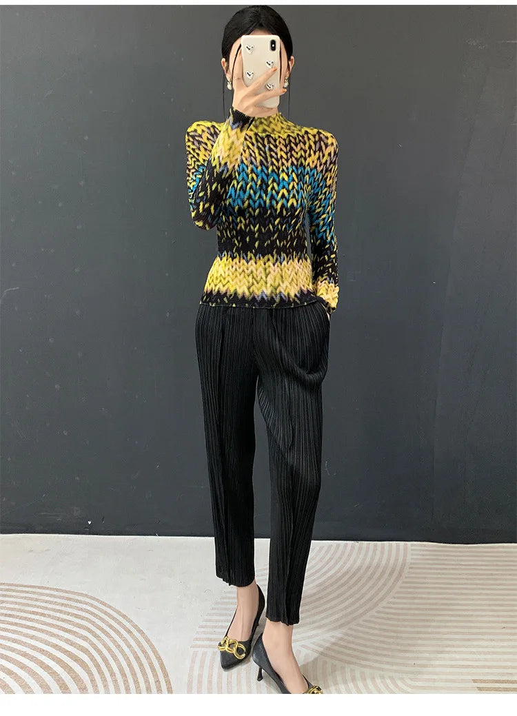 Miyake Pleated 2026 Spring and Summer New Fashion Tops Women's Long-sleeved Half-high Collar Printed T-shirt Bottoming Shirt